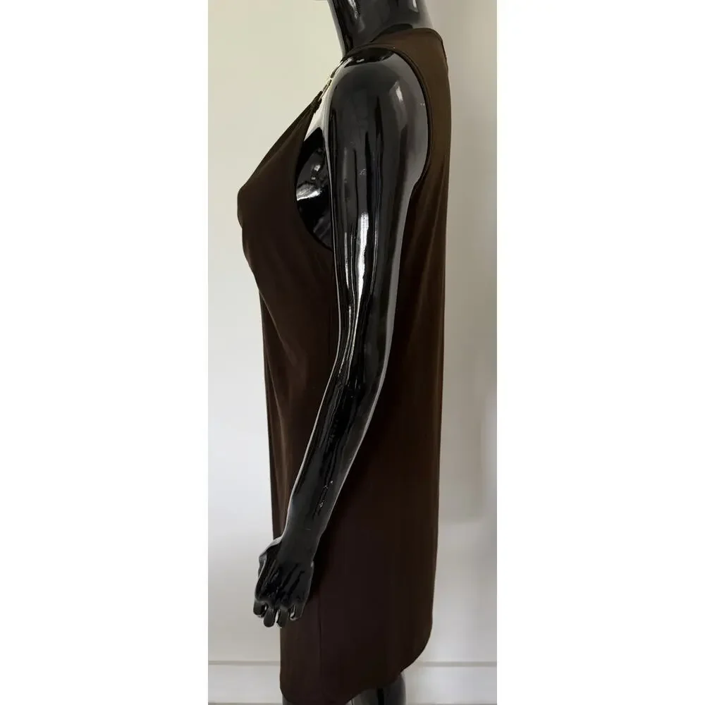 Michael Michael Kors Dress M Brown Gold Logo Ring Draped V Neck Sleeveless